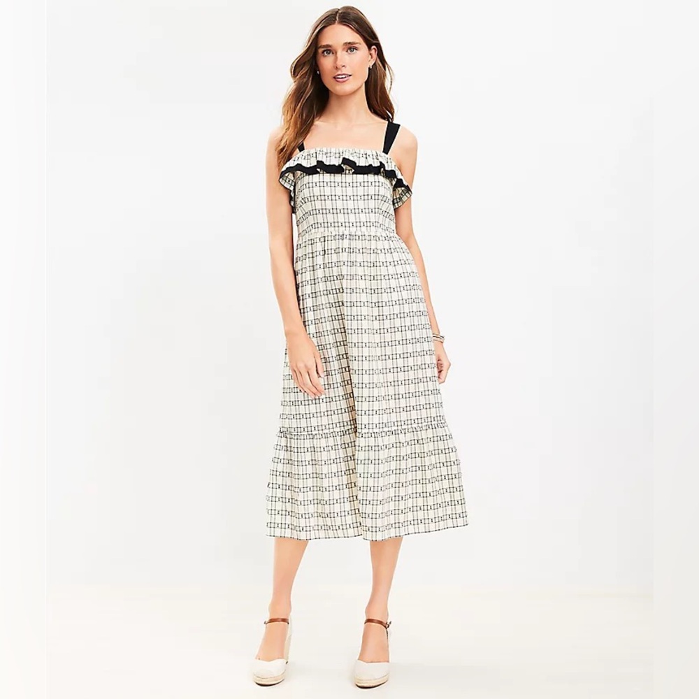 LOFT Plaid Ruffle Square Neck Midi Dress